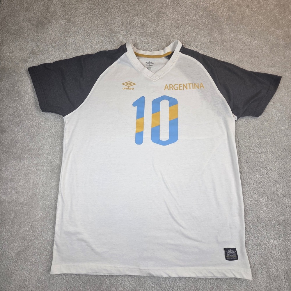 Umbro Argentina 10 Soccer Raglan T-Shirt Mens Large White Grey V-Neck 2016